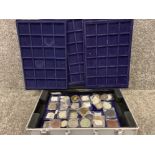 Metal coin carry hardcase, containing a large quantity of copy coins - each coin simulating coins