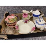 Box containing Wedgwood & masons ironstone teapots, also includes floral jug & bowl plus 3x Royal