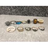 A small box with a quantity of dress rings including silver yellow metal and gold bands with