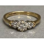 9ct yellow gold & 3 stone diamond ring, size L, 1.8g gross