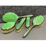 Hallmarked Birmingham silver (1935) & green enamelled back Art Deco 5 piece dressing table brush