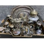 Box containing a large quantity of silver plated items including trays, tea service, cruet set &