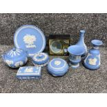 Total of 9 pieces of vintage Wedgwood Jasper Ware, just including vases, lidded trinkets etc