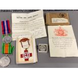 WWII medals & paperwork includes the British Red Cross society, defence medal & war medal, all
