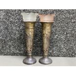 Pair of hallmarked Chester silver bud vases, both with glass flute inserts, dated 1907, height 18cm