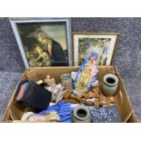 Box lot containing a variety of religious items including Bibles, wooden crucifix’s, rosary beads,