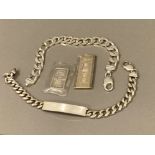 Mixed lot of silver items in including fine silver bullion bar, ID & curb bracelet, 111.5G
