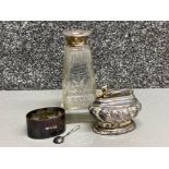 Antique Hallmarked silver rimmed bottle together with silver napkin ring & small spoon, also