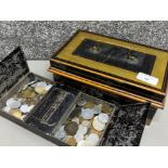 Vintage metal deed box containing a large quantity of miscellaneous foreign coinage