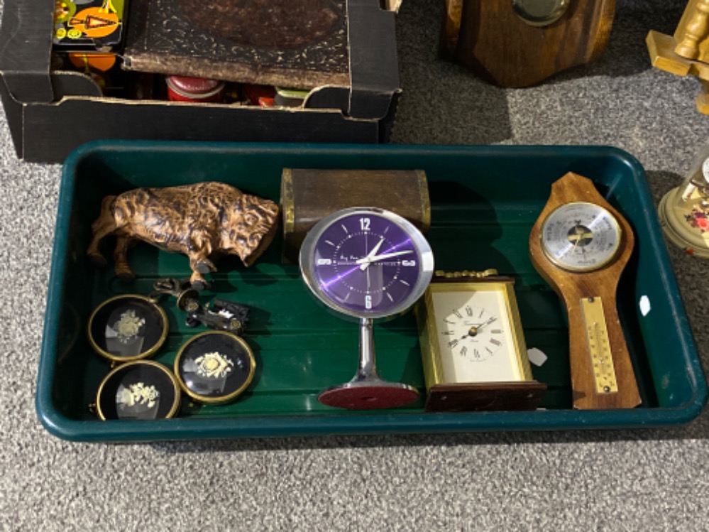 Green tray of studio pottery & various clocks, bison figurine, boxes etc together with box tins, - Image 2 of 3