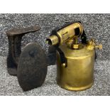Vintage brass “Optimus” paraffin blow torch & cast iron shoe shoe last