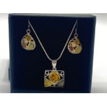 Faux amber pendant necklace & earrings set, marked 925