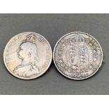 Antique Great Britain Queen Victoria 1889 silver half crown brooch (2x coins)