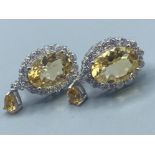 Pair of silver, CZ and substantial citrine drop earrings, 10g gross