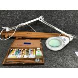 Box containing wooden artist easel artists box with paints plus a contemporary desk lamp