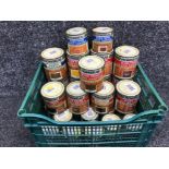 A crate containing approximately 25 tubs of Ronson ultra touch varnish teak pine dark oak etc