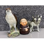 West German Monk themed lidded pot together with German Donkey pair & Beswick Beneagles osprey