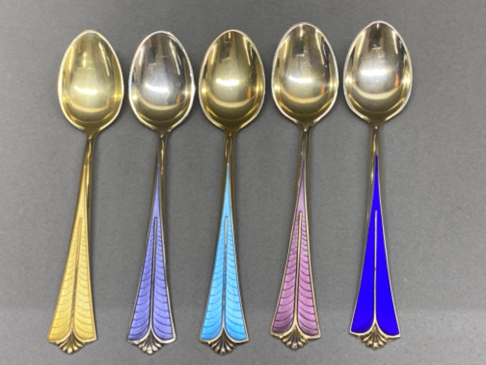 Set of 5 silver gilt & enamelled David Andersen (Norway) teaspoons, each enamelled in different