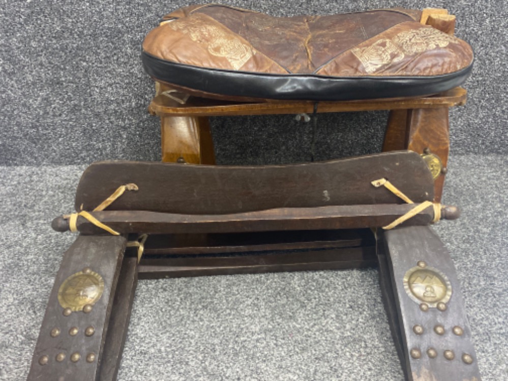 Vintage metal studded & wooden framed camel stool with brass decoration & leather seat together with