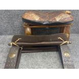 Vintage metal studded & wooden framed camel stool with brass decoration & leather seat together with