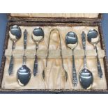 Vintage Bishop handled tea spoons & sugar tongs set - EPNS in original case