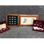 A presentation piece with fire brigades badges together with 2 empty coin cases with a framed