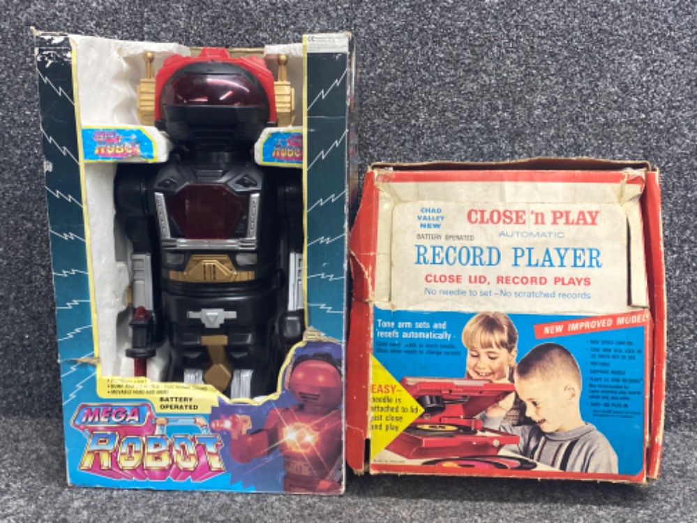 Vintage Chad Valley “close n play automatic” record player together with a battery operated Mega