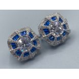 A pair of silver, CZ and sapphire Art Deco style earrings, 9.7g gross