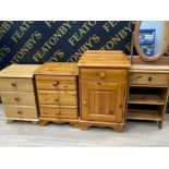 4x pine (different styles) bedside chests, also includes a dressing table mirror