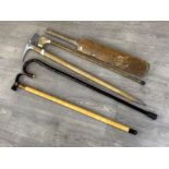 Vintage cricket bat & miscellaneous walking sticks includes an ice pick