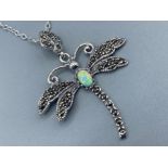 A silver Marcasite and Opal dragonfly necklace, 5.1g gross