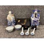 Box of 2 oriental porcelain figures, lacquered boxes etc