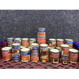 A tray containing Approximately 25 tubs of ronseal ultra tough varnish satin teak pine mahogany etc