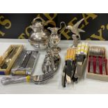 Quantity of silver plated items includes heavy bird ornament, vintage phone book, cutlery etc