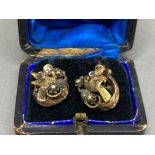 Antique 9ct gold bird pattern and pearl set earrings with original box one of the backs is