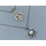 2x silver pendant necklaces - Celtic & flower design with Pearl, 7.4g gross