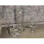 2 large clear glass centre bowls & 1x large glass vase - height 65cm