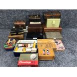 Box of miscellaneous money boxes tin boxes inlaid mahogany jewellery chest etx