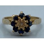 Vintage ladies 9ct gold sapphire & diamond cluster ring, size P, 2.8g gross