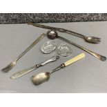 Hallmarked Sheffield silver handled knife & silver rimmed sugar spoon together with silver