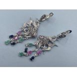 A pair of silver, Ruby and sapphire drop earrings, 12.8g gross
