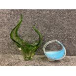 Murano green art glass vase together with blue and clear art glass centre basket