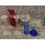 7 miscellaneous pieces of glassware including cranberry glass jug, pair of clear glass