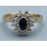 Vintage ladies 9ct gold sapphire and white stone ring, size K, 2g gross weight