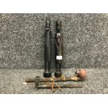 Antique African tribal brass and bronze smokers pipe plus 1 other and 2 tribal carved wooden