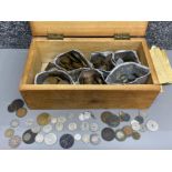 Wooden box containing miscellaneous coinage from vintage to Antique (some silver)