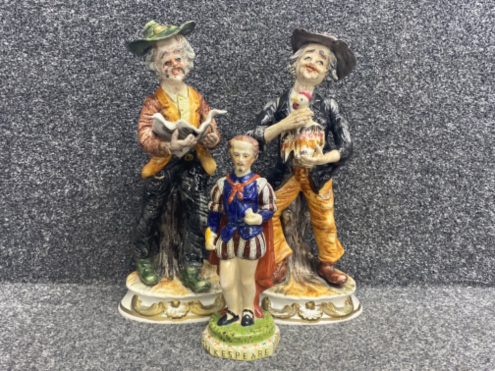 Pair of Capodimonte figures together with a Staffordshire style Shakespeare figure