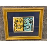 Gilt framed piece of contemporary art - watercolour “happy & sad face” signed by the artist