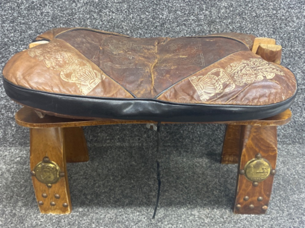 Vintage metal studded & wooden framed camel stool with brass decoration & leather seat together with - Image 2 of 3