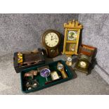 Green tray of studio pottery & various clocks, bison figurine, boxes etc together with box tins,